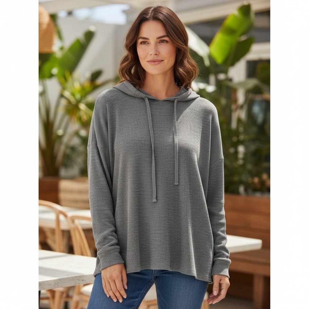Eileen Fisher Grey Ribbed Tencel Organic Cotton‎ Hooded Sweatshirt Womens Small